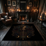 mystic serpent emblem faux velvet Halloween area rug, close decorative detail