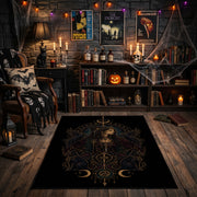 mystic serpent emblem faux velvet Halloween area rug, front room mockup