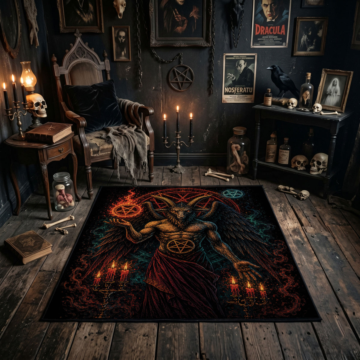red raven and skull scene faux velvet Halloween area rug, featured room view