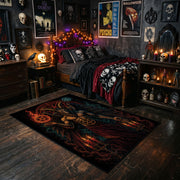 red raven and skull scene faux velvet Halloween area rug, cozy home setting