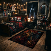red raven and skull scene faux velvet Halloween area rug, angled room view