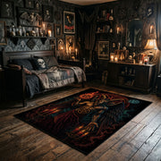 red raven and skull scene faux velvet Halloween area rug, full pattern view