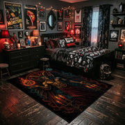 red raven and skull scene faux velvet Halloween area rug, soft surface detail