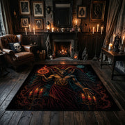 red raven and skull scene faux velvet Halloween area rug, wood floor styling