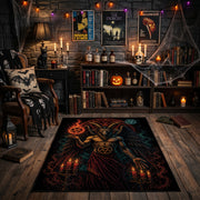 red raven and skull scene faux velvet Halloween area rug, close decorative detail