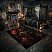 red raven and skull scene faux velvet Halloween area rug, front room mockup