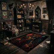 red raven and skull scene faux velvet Halloween area rug, wide interior view