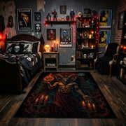red raven and skull scene faux velvet Halloween area rug, design detail view