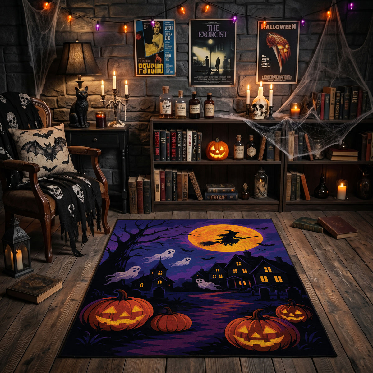 purple haunted house and pumpkins faux velvet Halloween area rug, featured room view