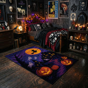 purple haunted house and pumpkins faux velvet Halloween area rug, cozy home setting