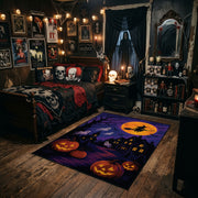 purple haunted house and pumpkins faux velvet Halloween area rug, angled room view