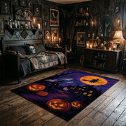 purple haunted house and pumpkins faux velvet Halloween area rug, full pattern view