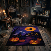 purple haunted house and pumpkins faux velvet Halloween area rug, soft surface detail