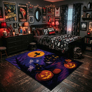 purple haunted house and pumpkins faux velvet Halloween area rug, wood floor styling
