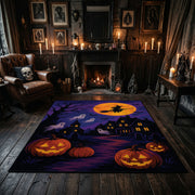purple haunted house and pumpkins faux velvet Halloween area rug, close decorative detail