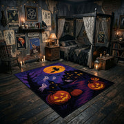 purple haunted house and pumpkins faux velvet Halloween area rug, front room mockup