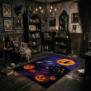 purple haunted house and pumpkins faux velvet Halloween area rug, wide interior view