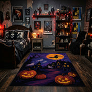 purple haunted house and pumpkins faux velvet Halloween area rug, design detail view