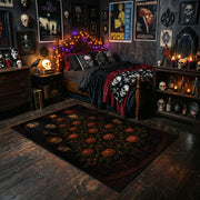 vintage pumpkin pattern faux velvet Halloween area rug, cozy home setting