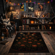 vintage pumpkin pattern faux velvet Halloween area rug, close decorative detail