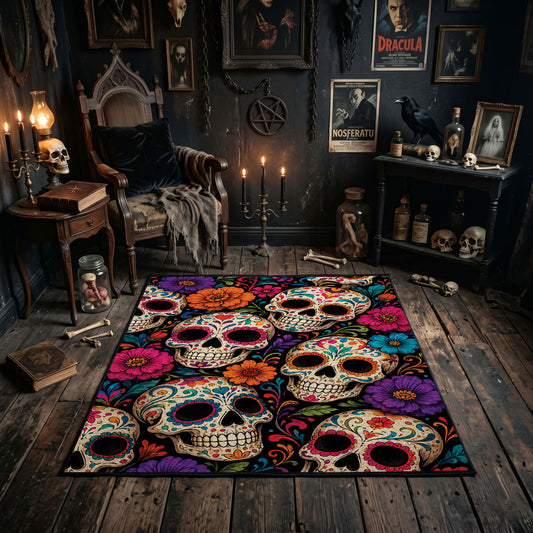 colorful sugar skull pattern faux velvet Halloween area rug, featured room view