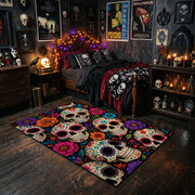 colorful sugar skull pattern faux velvet Halloween area rug, cozy home setting