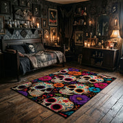 colorful sugar skull pattern faux velvet Halloween area rug, full pattern view