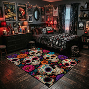 colorful sugar skull pattern faux velvet Halloween area rug, soft surface detail