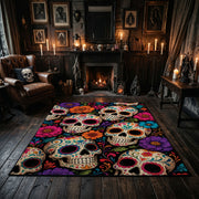 colorful sugar skull pattern faux velvet Halloween area rug, wood floor styling
