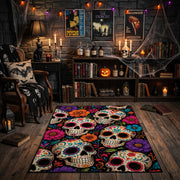 colorful sugar skull pattern faux velvet Halloween area rug, close decorative detail