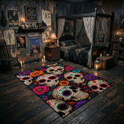colorful sugar skull pattern faux velvet Halloween area rug, front room mockup