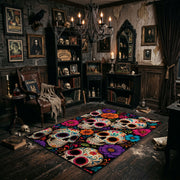 colorful sugar skull pattern faux velvet Halloween area rug, wide interior view