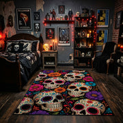 colorful sugar skull pattern faux velvet Halloween area rug, design detail view