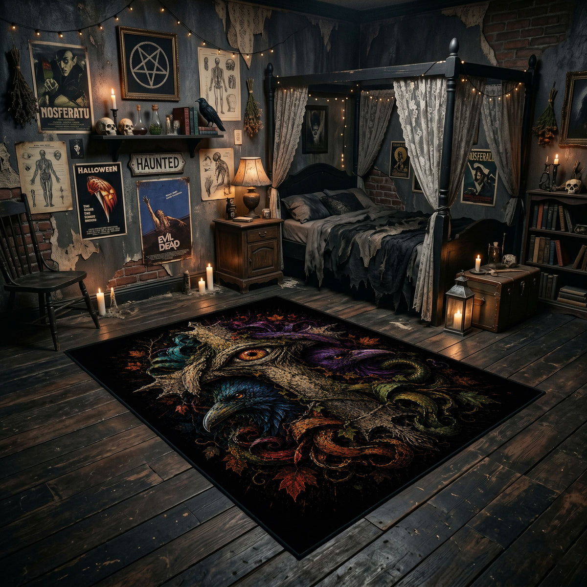moonlit gothic owl faux velvet Halloween area rug, featured room view
