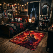 Fiery Cloaked Reaper Area Rug styled in a gothic bedroom with a dark bed and wall art