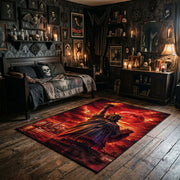 Fiery Cloaked Reaper Area Rug wide room view with dark furnishings and Halloween decorations