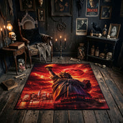 Fiery red cloaked reaper rug in a candlelit gothic living room