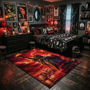 Fiery Cloaked Reaper Area Rug shown beside a dark bed in a Halloween themed bedroom