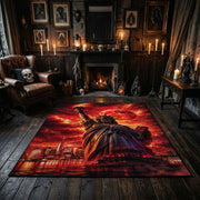 Fiery Cloaked Reaper Area Rug displayed on a dark floor beside red accented shelving