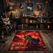 Fiery Cloaked Reaper Area Rug front view in a warm candlelit gothic room