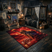 Fiery Cloaked Reaper Area Rug displayed in a richly decorated room with a central table
