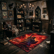 Fiery Cloaked Reaper Area Rug angled view beside gothic bedroom furniture
