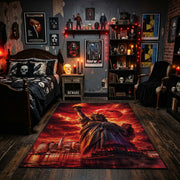 Fiery Cloaked Reaper Area Rug displayed beneath a gallery of gothic wall art