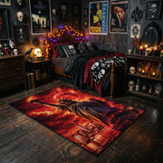 Fiery Cloaked Reaper Area Rug styled in a room with red shelves and spooky ornaments