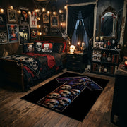 Skull Cross Area Rug styled in a gothic bedroom with a dark bed and wall art