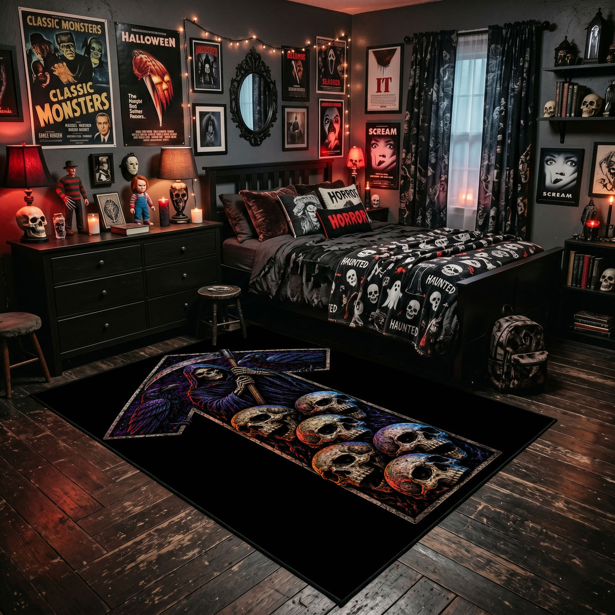 Skull Cross Area Rug shown beside a dark bed in a Halloween themed bedroom
