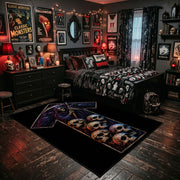 Skull Cross Area Rug shown beside a dark bed in a Halloween themed bedroom