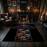 Skull Cross Area Rug displayed on a dark floor beside red accented shelving