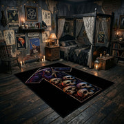 Skull Cross Area Rug displayed in a richly decorated room with a central table