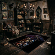 Skull Cross Area Rug angled view beside gothic bedroom furniture